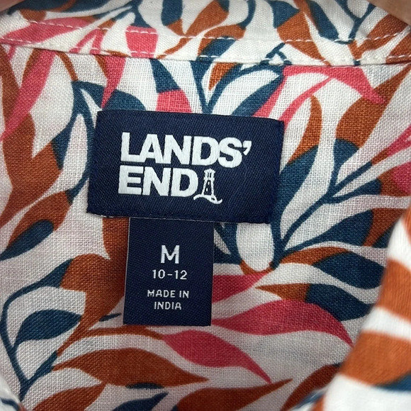 Lands End Button Front Shirt Womens Medium Leaf Print Tropical Linen Long Sleeve - Picture 5 of 12